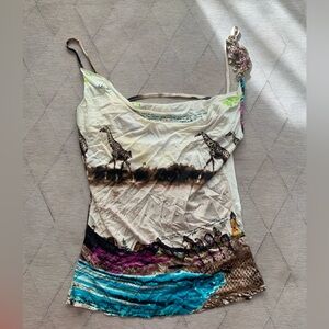 Vintage Iceberg Giraffe cowl neck, backless tank top with rhinestone lizard